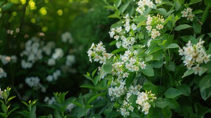 Blooming Deutzia bush surrounded by greenery perfect for a background or greeting card