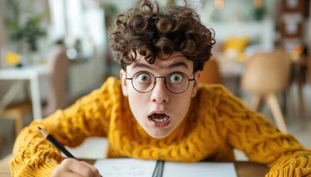 Astonished Teenager Scribbles Notes in Notebook, Discovering Exciting Knowledge, Passionate Student, Focused Learning, Education, Academic Success, Intriguing Discovery, Knowledge Acquisition