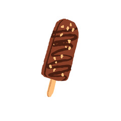 Chocolate ice cream on stick. Delicious icecream on bar. Popsicle with nuts. Frozen milk dessert. Cold summer food for refreshment. Flat isolated hand drawn vector illustration on white background