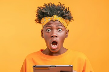 Young Man Stunned by Tablet Screen, Jaw Dropped in Surprise, Digital Device, Shocked Reaction, Open Mouth, Amazed Expression, Tech User, Young Adult, Tablet Use, Online Content, Unexpected Discovery