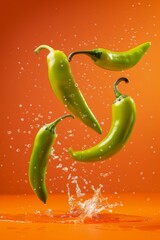 Green chillies in the air, advertisement, product photography, minimal, bright red background --chaos 28 --ar 2:3 --style raw Job ID: 8610b705-ed3a-4fa8-bb93-a08c0fe2343c