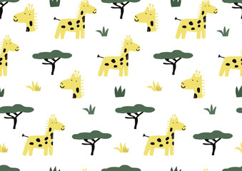 Cute giraffe seamless pattern. animal cartoon character. flat vector illustration. Template for Notebook covers, pattern for wallpapers, textile or nature background. childish motifs
