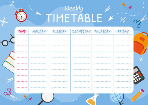 School timetable template with school supplies, alarm, books, pencil, bag. school planner. Vector illustration