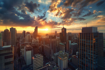 Fototapeta premium Sunset Backlight Shining Through CBD Skyscrapers