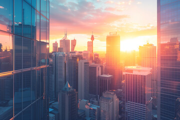Fototapeta premium Sunset Backlight Shining Through CBD Skyscrapers