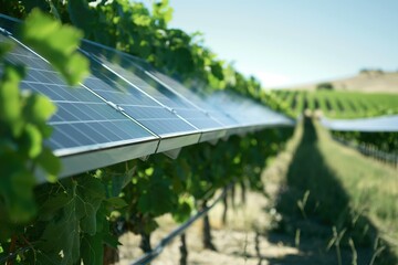 Close up solar panels for sustainable eco-friendly energy source on vinery grape field on sunny day