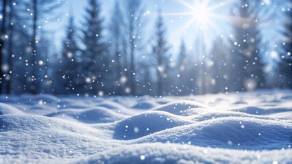 Winter snow background with snowdrifts, with beautiful light and snow flakes on the blue sky in the evening, banner format, copy space.