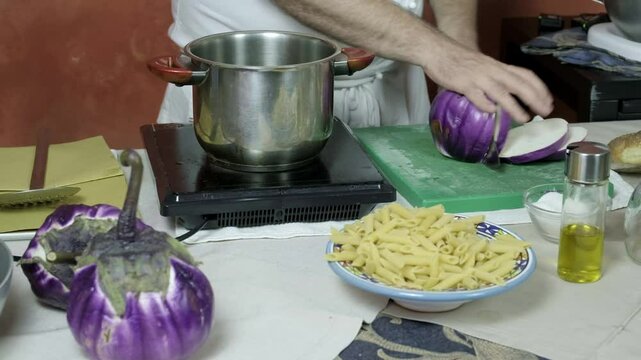 Delicious Sicilian pasta dish Pasta alla Norma with eggplant and Italian pasta
