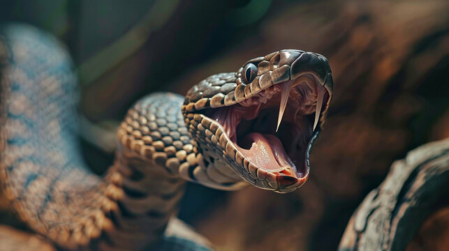 The head of a poisonous snake of a black viper with an open mouth on a blurred background
