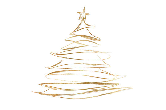 golden christmas tree line art isolated on white or transparent png
