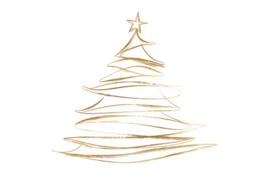 golden christmas tree line art isolated on white or transparent png