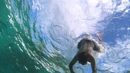 Snorkelling and diving in the blue ocean with action cam in Playa Chen Rio, Cozumel island, Riviera Maya, Mexico.