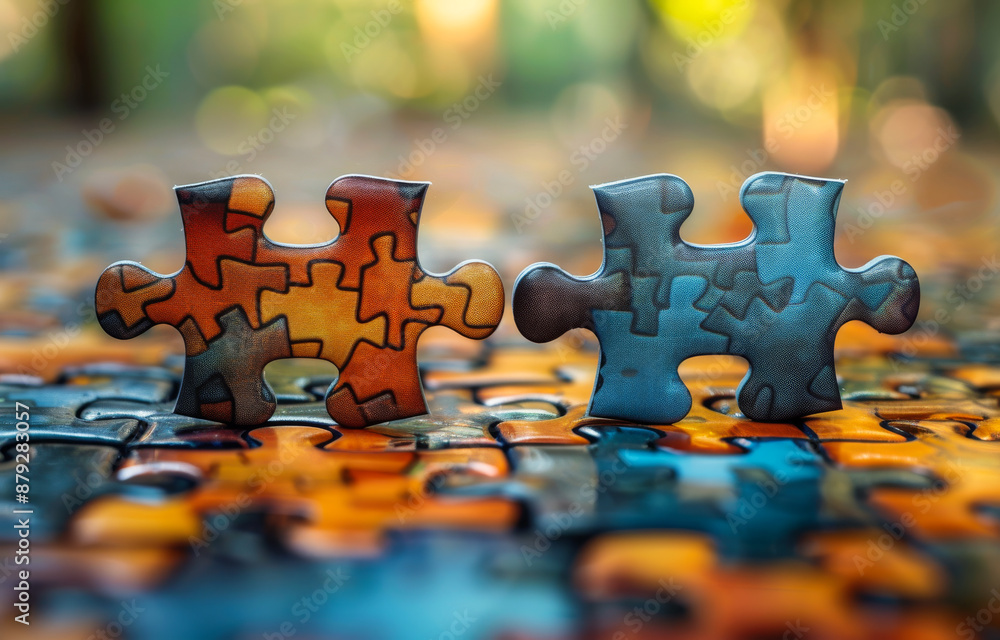 Poster two puzzle pieces with different colors and patterns. the puzzle pieces are placed on a colorful sur