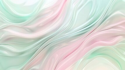 Fototapeta premium A captivating liquid design with smooth, flowing lines in pastel shades of light pink, mint green, and powder blue, evoking the gentle movements of water and creating a serene, tranquil atmosphere.