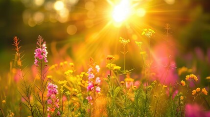 Bright sunlight shining on vibrant flower field