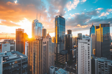 Fototapeta premium Sunset Backlight Shining Through CBD Skyscrapers - Urban Sunset Photography