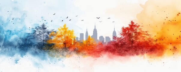 Obraz premium Abstract watercolor cityscape featuring skyline surrounded by colorful trees in red, orange, and blue hues, with birds in the sky.