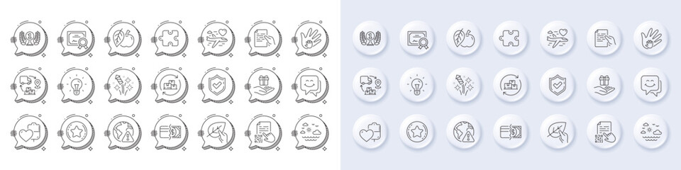Laureate award, Loyalty star and Apple line icons. White pin 3d buttons, chat bubbles icons. Pack of Smile face, Honeymoon travel, Confirmed icon. Vector