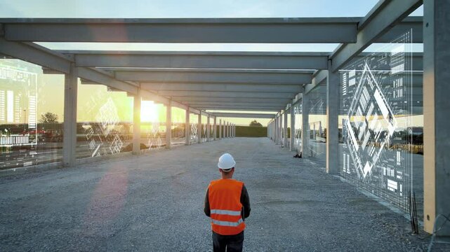 Architect construction engineer analyze site building process at sunset using modern technology. 3D graphic animation