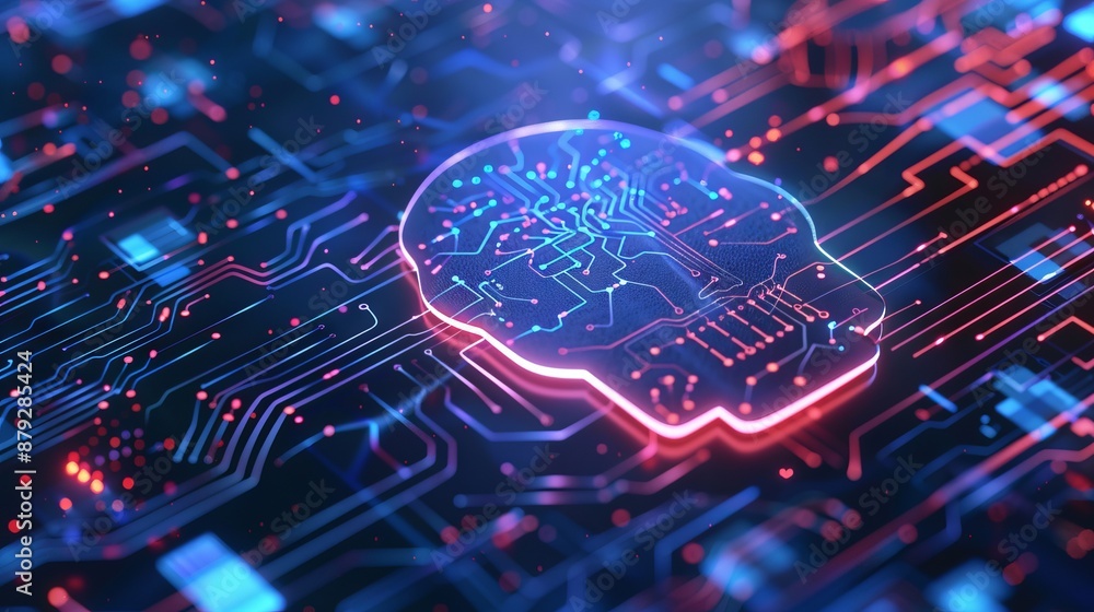 Poster digital ai chip integral into abstract technology brain on dark blue background. circuit board tech 