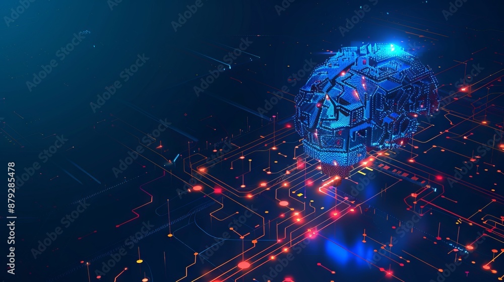 Poster digital ai chip integral into abstract technology brain on dark blue background. circuit board tech 