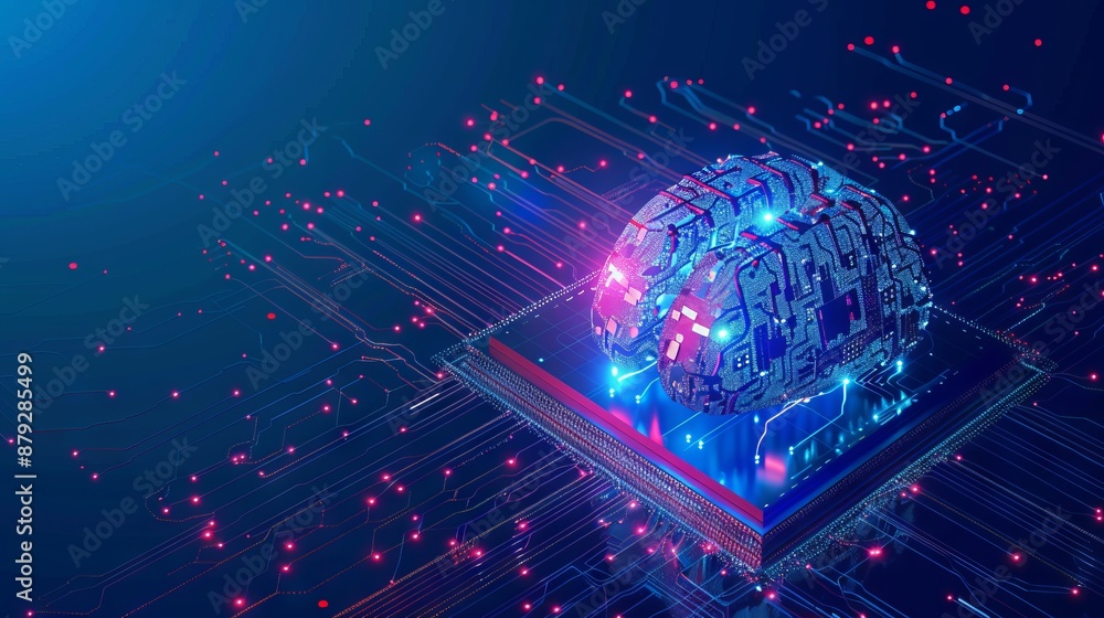 Poster digital ai chip integral into abstract technology brain on dark blue background. circuit board tech 