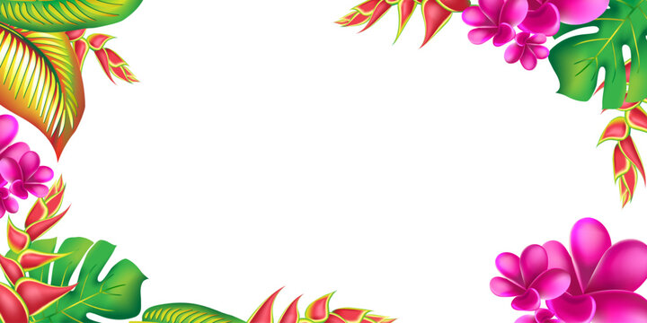 jungle flower,leaves  tropic banner design. Palm leaf, monstera, pink plumeria flower,hibiscus blossom, exotic tropical summer flowers and leaves.