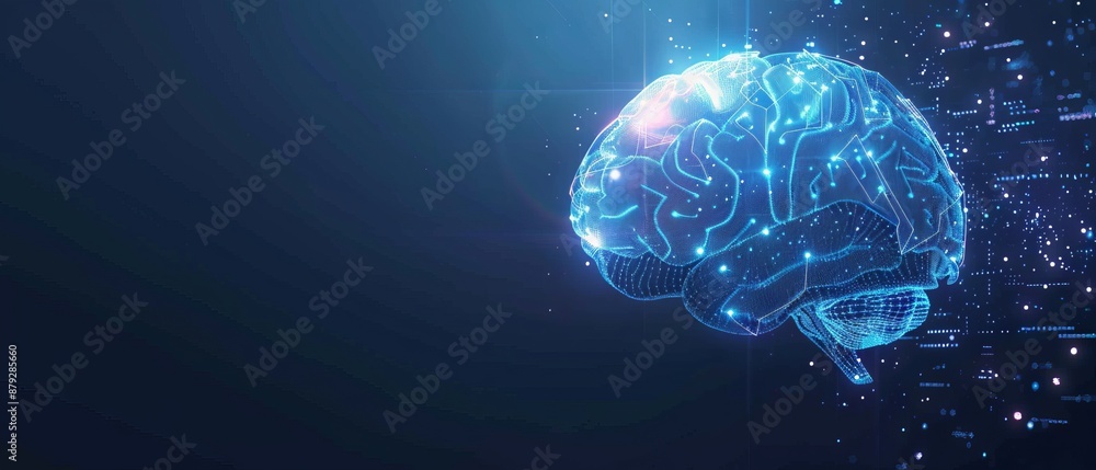 Poster digital ai chip integral into abstract technology brain on dark blue background. circuit board tech 