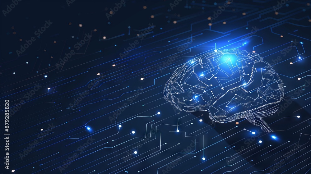 Poster digital ai chip integral into abstract technology brain on dark blue background. circuit board tech 