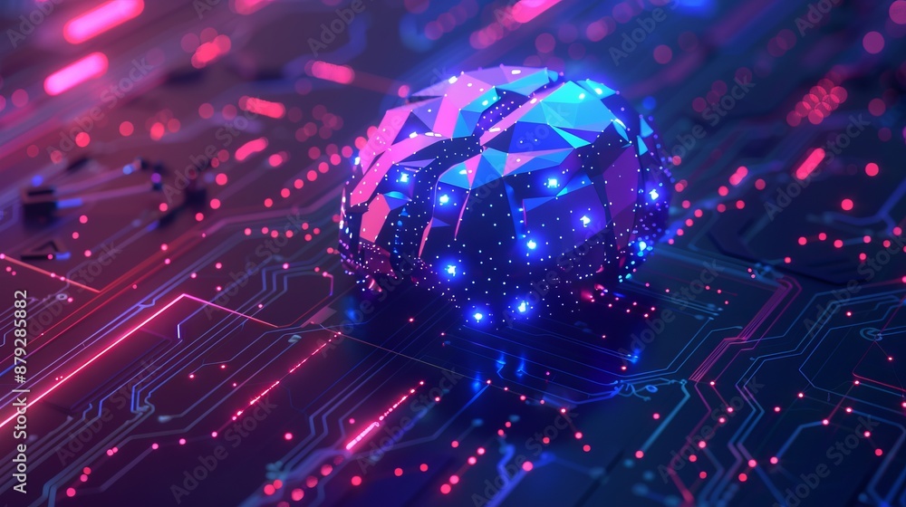 Poster digital ai chip integral into abstract technology brain on dark blue background. circuit board tech 