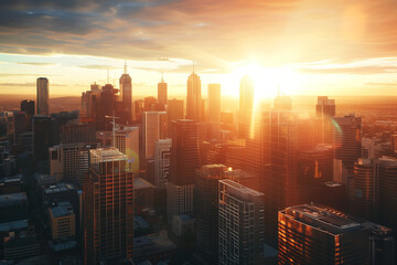 Fototapeta premium Sunset Backlight Shining Through CBD Skyscrapers