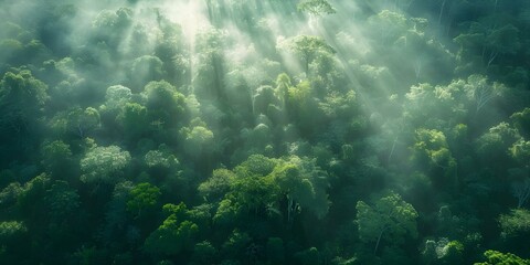 Obraz premium Sunbeams shining through the Amazon rainforest from an aerial view. Concept Nature, Sunbeams, Amazon Rainforest, Aerial View, Landscape