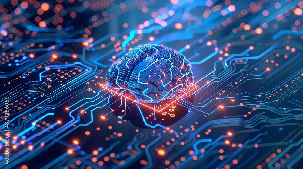 Poster digital ai chip integral into abstract technology brain on dark blue background. circuit board tech 