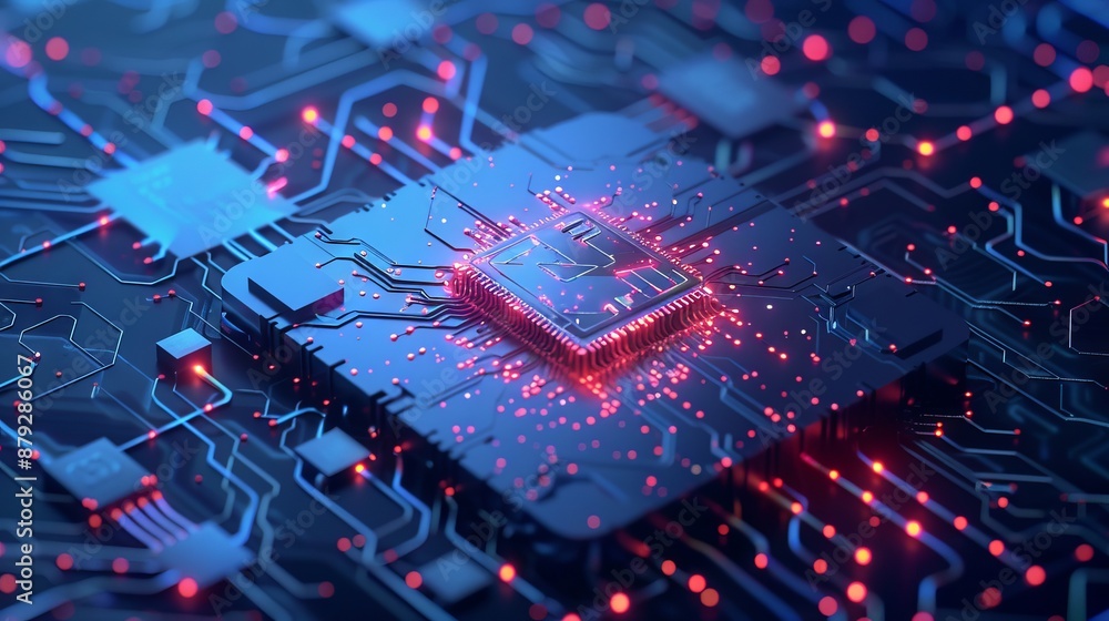 Poster digital ai chip integral into abstract technology brain on dark blue background. circuit board tech 