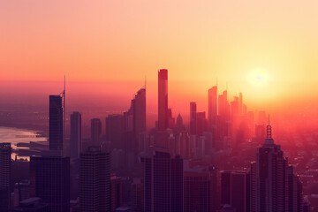 Fototapeta premium Sunset Backlight Shining Through CBD Skyscrapers