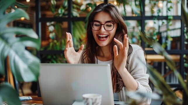 Happy young woman student having video call on laptop computer. Image of beautiful girl play notebook.