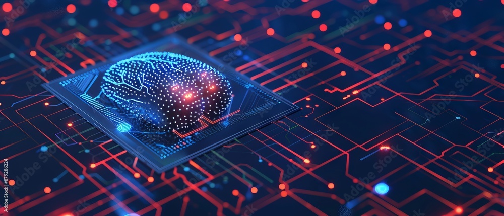 Poster digital ai chip integral into abstract technology brain on dark blue background. circuit board tech 
