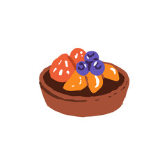 Cute fruit tart for breakfast. Fresh baked dessert with strawberry, blueberry. Pastry, small cake, pie with filling. Bakery icon. Flat isolated hand drawn vector illustration on white background