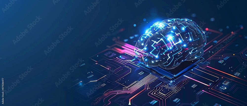 Poster digital ai chip integral into abstract technology brain on dark blue background. circuit board tech 