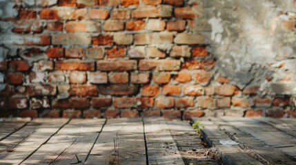 Vintage style brick wall panel under renovation with empty backdrop blurred exterior