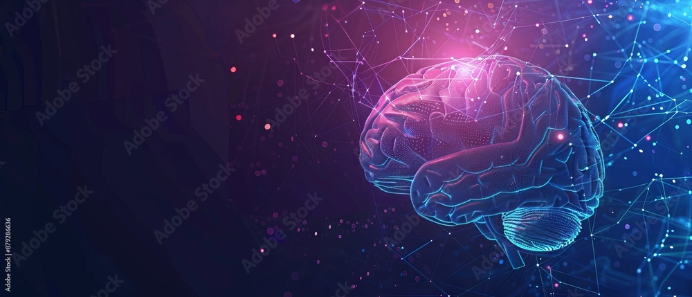 Poster digital ai chip integral into abstract technology brain on dark blue background. circuit board tech 