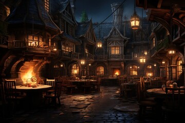 Fototapeta premium fantasy medieval tavern, exterior, illustration