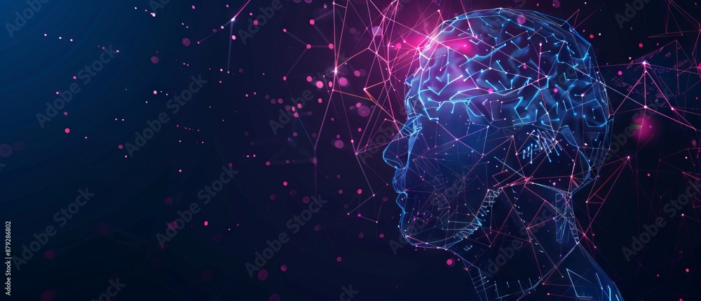 Poster digital ai chip integral into abstract technology brain on dark blue background. circuit board tech 