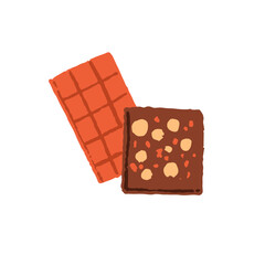 Dark, milk chocolate sticks with fruit and nuts filling. Bars of cocoa with pieces of biscuit, hazels. Food for dessert. Confectionery icon. Flat isolated hand drawn vector illustration on white