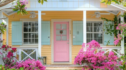A bright yellow cottage with a pink front door and a white porch with blooming flowers