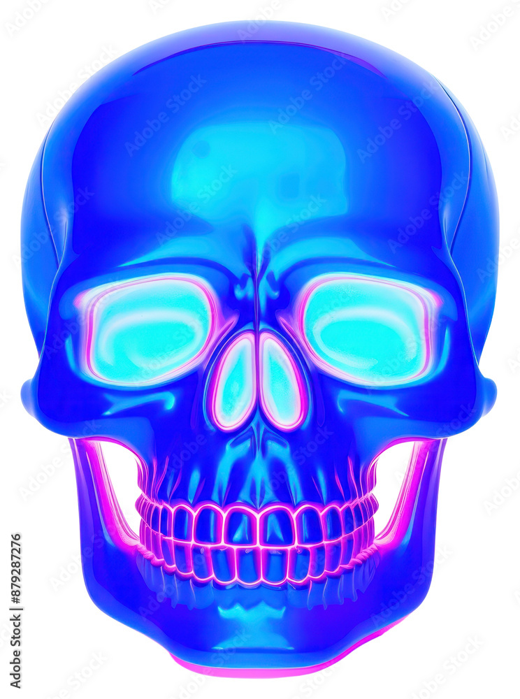 Sticker PNG  Surrealistic painting of blue neon skull purple white background clothing.