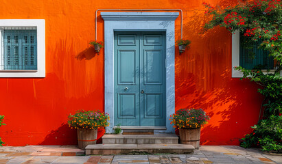 A blue door with a white trim sits in front of a red building. The door is surrounded by potted plants, including one with a yellow flower.