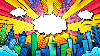 Vintage American style City background material with comic art style speech bubbles. With copy space