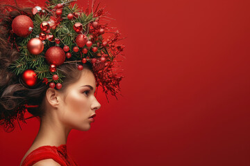 Beautiful woman with perfect makeup and hairstyle made of christmas tree branches and red ornaments posing in profile on red background