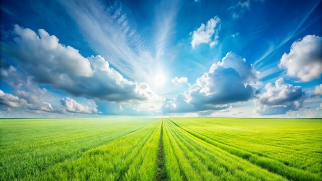 Beautiful natural scenic panorama green field of cut grass into and blue sky with clouds on horizon. Perfect green lawn on summer sunny day.